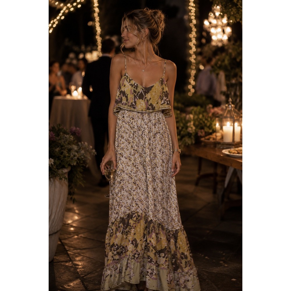 Joie Silk Mixed Floral Print Tiered Maxi Dress Yellow Green Brown Size Med - Picture 1 of 12